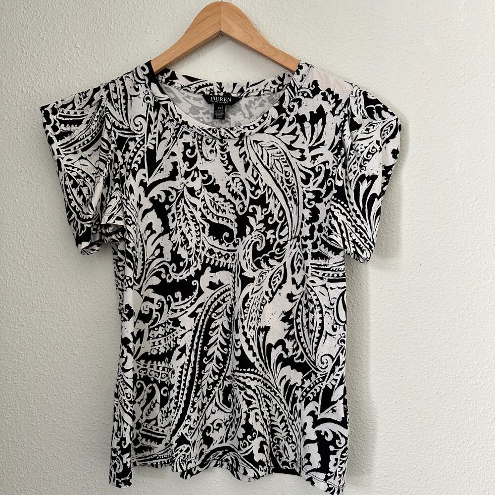 Ralph Lauren Black & White Paisley Flutter Sleeve Top S: L - Timeless Feminine